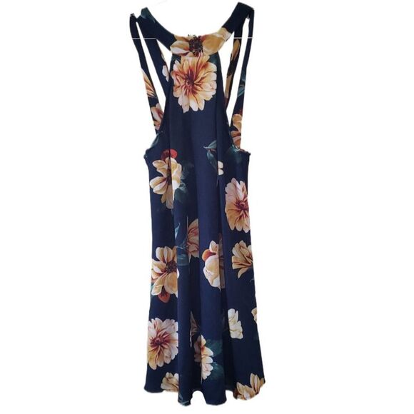 Lulus Navy Blue Floral Print Satin Halter Swing Dress - Picture 1 of 4